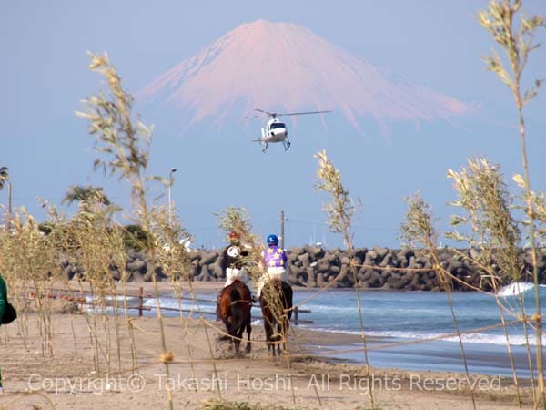 富士山とヘリコプターと馬たち