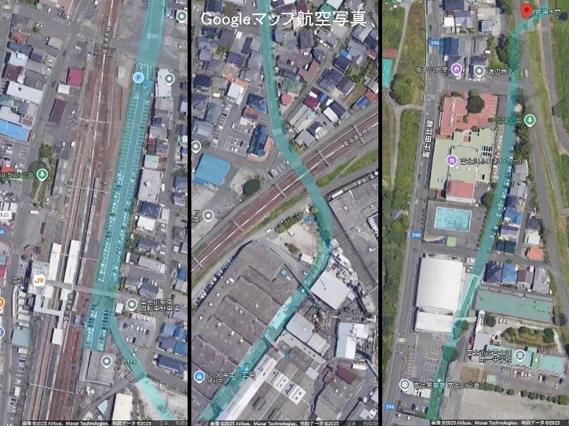 Googleマップの航空写真で見る富士川運河
