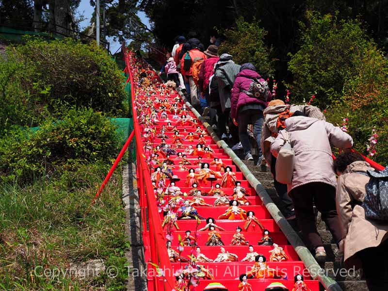 石段に並ぶ約400体のひな人形